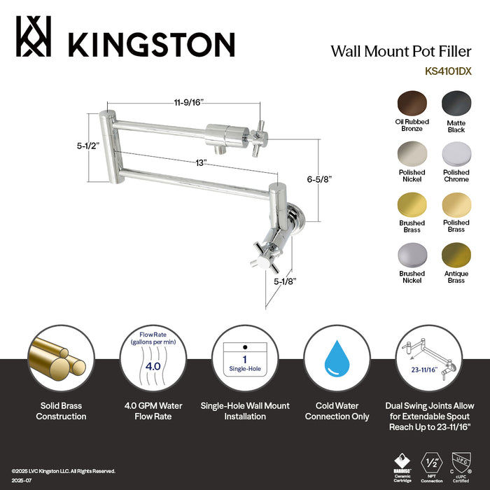 Kingston Sona KS4107DX - Concord Two-Handle 1-Hole Wall Mount Pot Filler Faucet, Brushed Brass