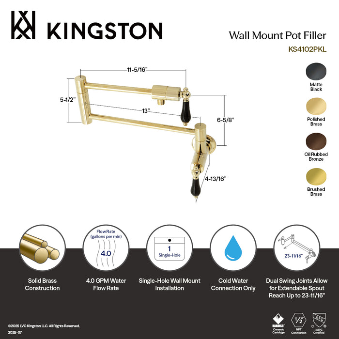 Kingston Tulare KS4107PKL - Duchess Two-Handle 1-Hole Wall Mount Pot Filler Faucet, Brushed Brass