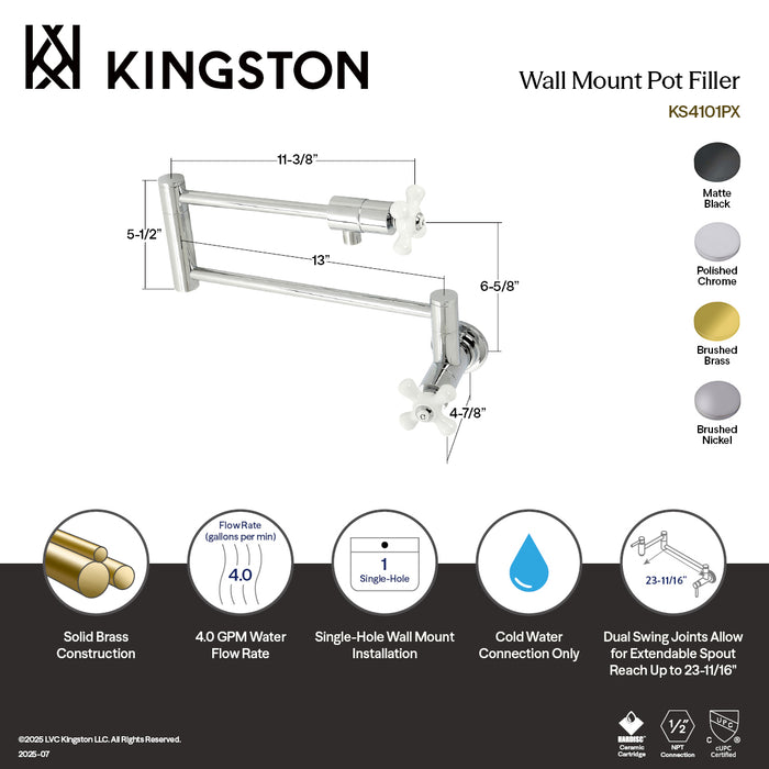 Kingston Tulare KS4107PX - Metropolitan Two-Handle 1-Hole Wall Mount Pot Filler Faucet, Brushed Brass