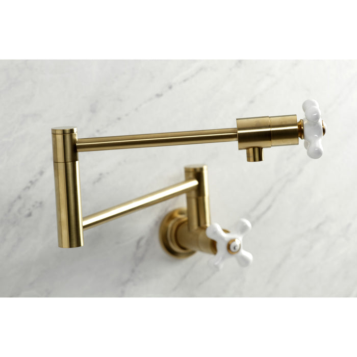 Kingston Tulare KS4107PX - Metropolitan Two-Handle 1-Hole Wall Mount Pot Filler Faucet, Brushed Brass