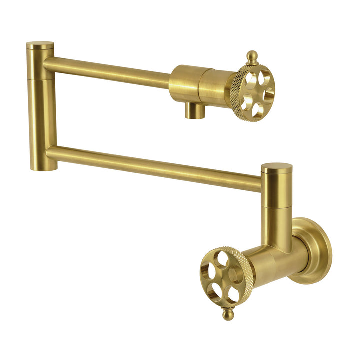 Kingston Sona KS4107RKX - Webb Two-Handle 1-Hole Wall Mount Pot Filler Faucet with Knurled Handle, Brushed Brass