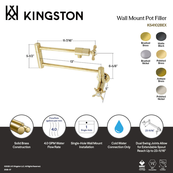 Kingston Sona KS4108BEX - Essex Two-Handle 1-Hole Wall Mount Pot Filler Faucet, Brushed Nickel