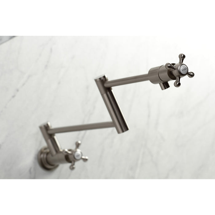 Kingston Tulare KS4108BX - Metropolitan Two-Handle 1-Hole Wall Mount Pot Filler Faucet, Brushed Nickel