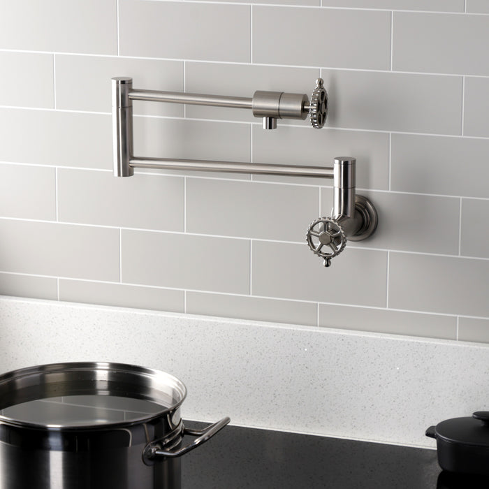 Kingston Sona KS4108CG - Fuller Two-Handle 1-Hole Wall Mount Pot Filler Faucet, Brushed Nickel