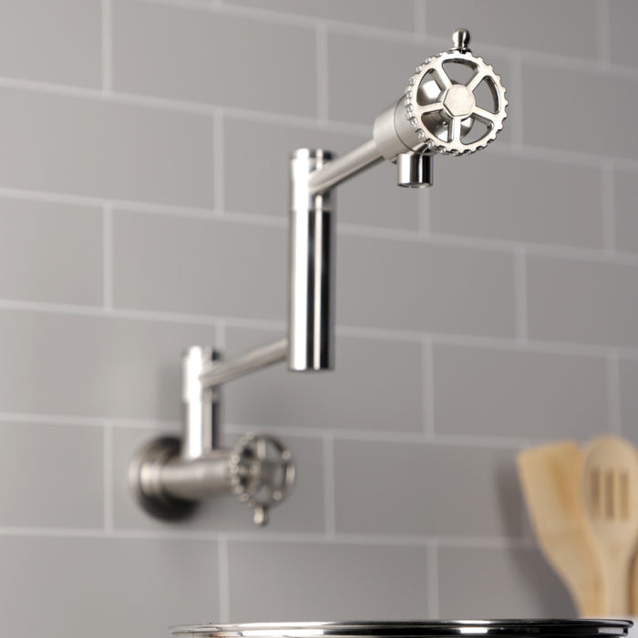 Kingston Sona KS4108CG - Fuller Two-Handle 1-Hole Wall Mount Pot Filler Faucet, Brushed Nickel