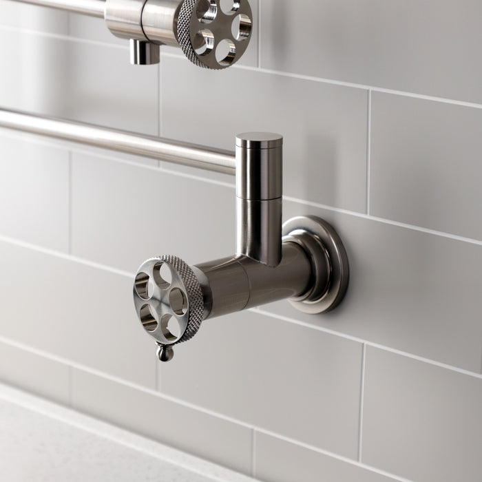 Kingston Sona KS4108RKX - Webb Two-Handle 1-Hole Wall Mount Pot Filler Faucet with Knurled Handle, Brushed Nickel