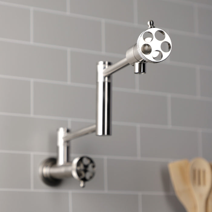 Kingston Sona KS4108RKX - Webb Two-Handle 1-Hole Wall Mount Pot Filler Faucet with Knurled Handle, Brushed Nickel