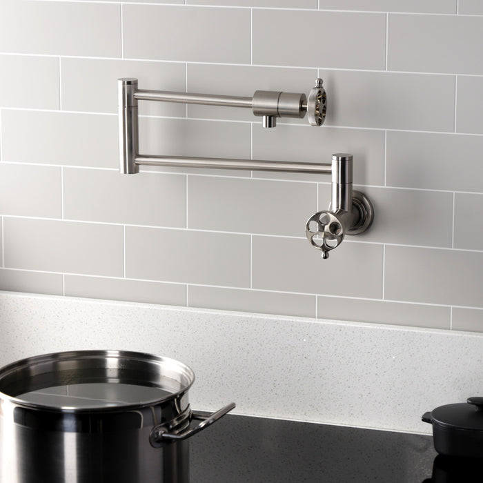 Kingston Sona KS4108RKZ - Wendell Two-Handle 1-Hole Wall Mount Pot Filler Faucet with Knurled Handle, Brushed Nickel