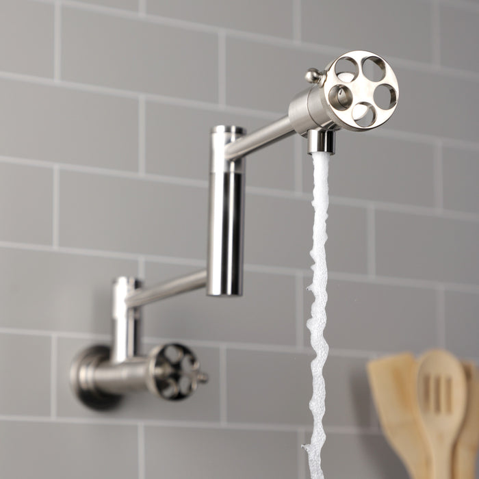 Kingston Sona KS4108RKZ - Wendell Two-Handle 1-Hole Wall Mount Pot Filler Faucet with Knurled Handle, Brushed Nickel