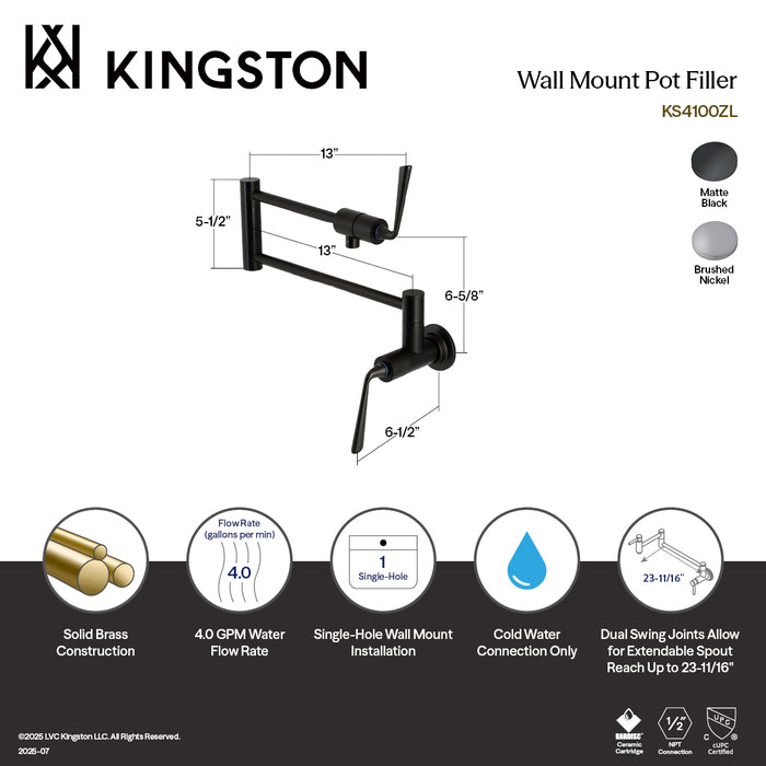 Kingston Tulare KS4108ZL - Silver Sage Two-Handle 1-Hole Wall Mount Pot Filler Faucet, Brushed Nickel