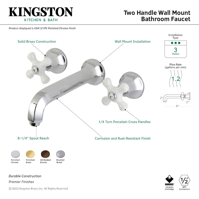 Kingston Tulare KS4121PX - Metropolitan Double-Handle 3-Hole Wall Mount Bathroom Faucet, Polished Chrome