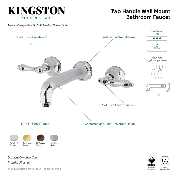 Kingston Tulare KS4122AL - Metropolitan Double-Handle 3-Hole Wall Mount Bathroom Faucet, Polished Brass