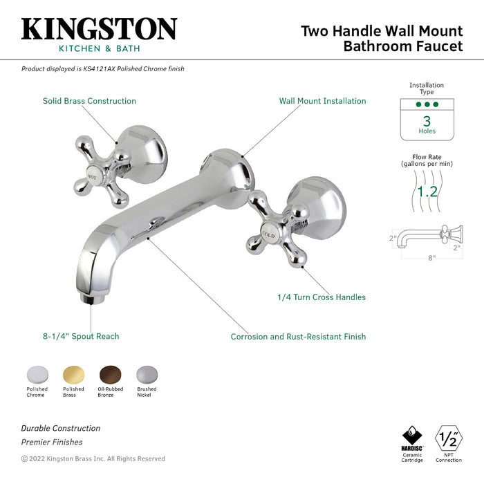 Kingston Tulare KS4122AX - Metropolitan Double-Handle 3-Hole Wall Mount Bathroom Faucet, Polished Brass