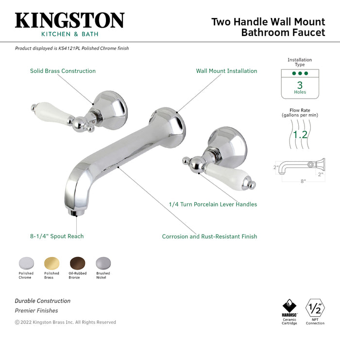 Kingston Tulare KS4128PL - Metropolitan Double-Handle 3-Hole Wall Mount Bathroom Faucet, Brushed Nickel