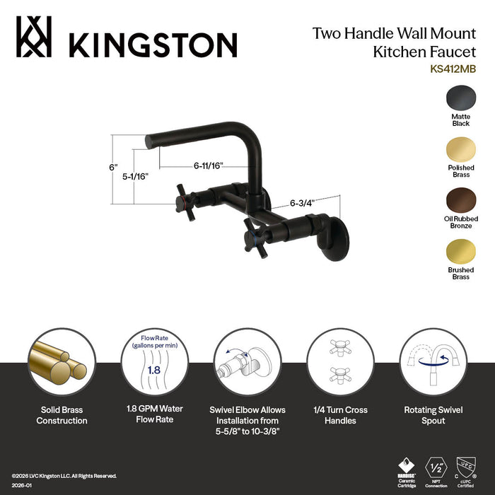 Kingston Sona KS412SB - Concord Two-Handle 2-Hole Wall Mount Kitchen Faucet, Brushed Brass