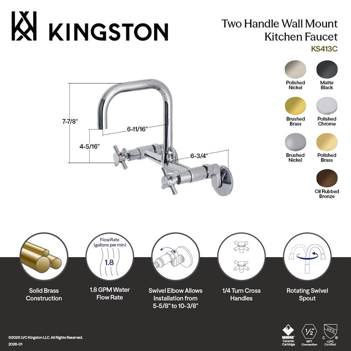 Kingston Sona KS413MB - Concord Two-Handle 2-Hole Wall Mount Kitchen Faucet, Matte Black