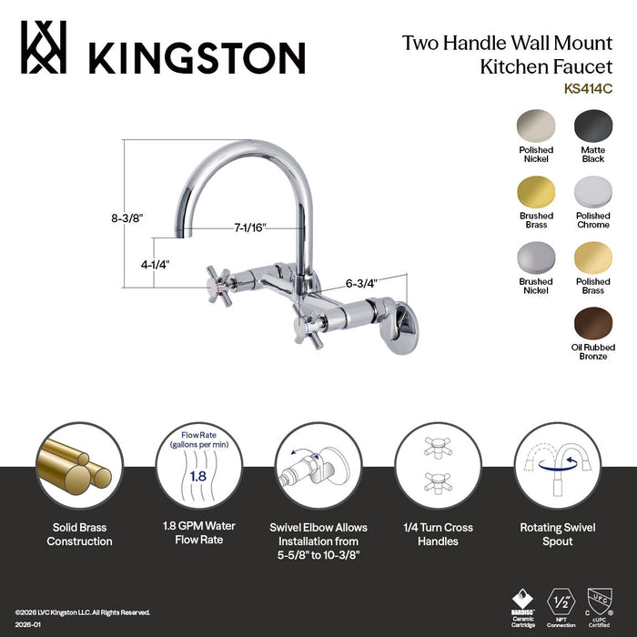 Kingston Sona KS414SB - Concord Two-Handle 2-Hole Wall Mount Kitchen Faucet, Brushed Brass