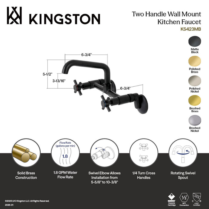 Kingston Sona KS423PB - Concord Two-Handle 2-Hole Wall Mount Kitchen Faucet, Polished Brass