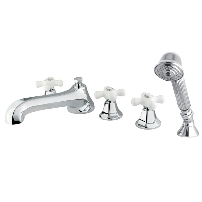 Kingston Tulare KS43015PX - Metropolitan Three-Handle 5-Hole Deck Mount Roman Tub Faucet with Hand Shower, Polished Chrome