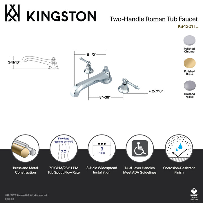 Kingston Tulare KS4301TL - Metropolitan Two-Handle 3-Hole Deck Mount Roman Tub Faucet, Polished Chrome