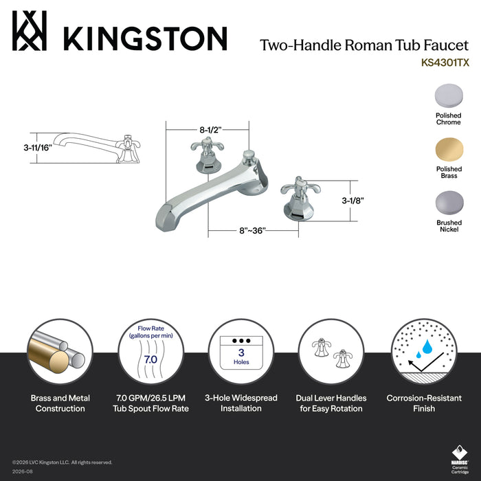 Kingston Tulare KS4301TX - Vintage Two-Handle 3-Hole Deck Mount Roman Tub Faucet, Polished Chrome