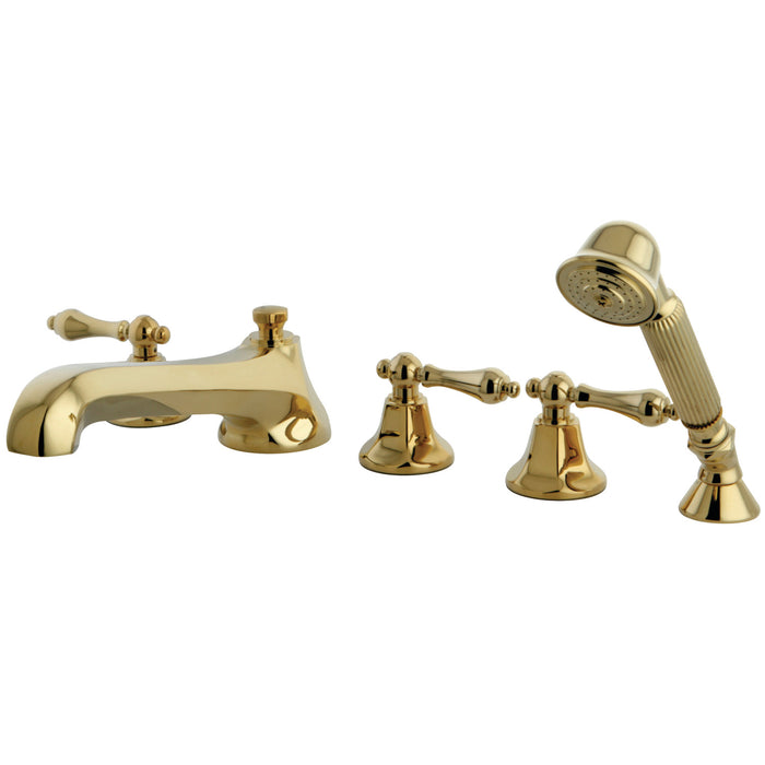 Kingston Tulare KS43025AL - Metropolitan Three-Handle 5-Hole Deck Mount Roman Tub Faucet with Hand Shower, Polished Brass