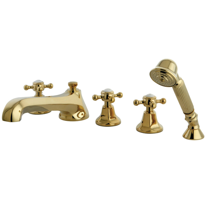 Kingston Tulare KS43025BX - Metropolitan Three-Handle 5-Hole Deck Mount Roman Tub Faucet with Hand Shower, Polished Brass