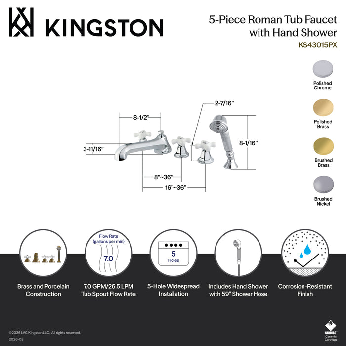 Kingston Tulare KS43025PX - Metropolitan Three-Handle 5-Hole Deck Mount Roman Tub Faucet with Hand Shower, Polished Brass