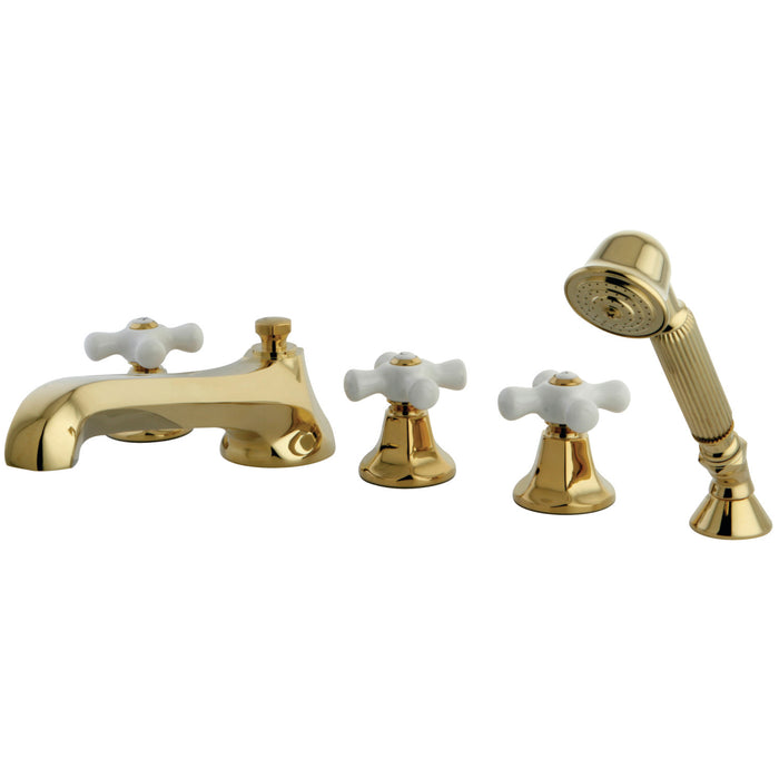 Kingston Tulare KS43025PX - Metropolitan Three-Handle 5-Hole Deck Mount Roman Tub Faucet with Hand Shower, Polished Brass