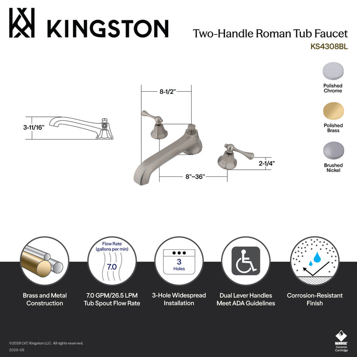 Kingston Tulare KS4302BL - Vintage Two-Handle 3-Hole Deck Mount Roman Tub Faucet, Polished Brass