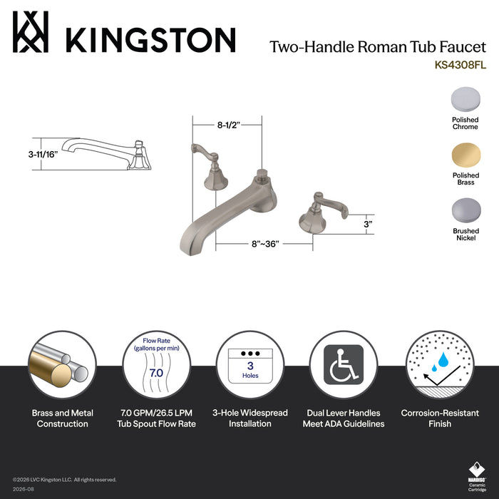 Kingston Tulare KS4302FL Two-Handle 3-Hole Deck Mount Roman Tub Faucet, Polished Brass
