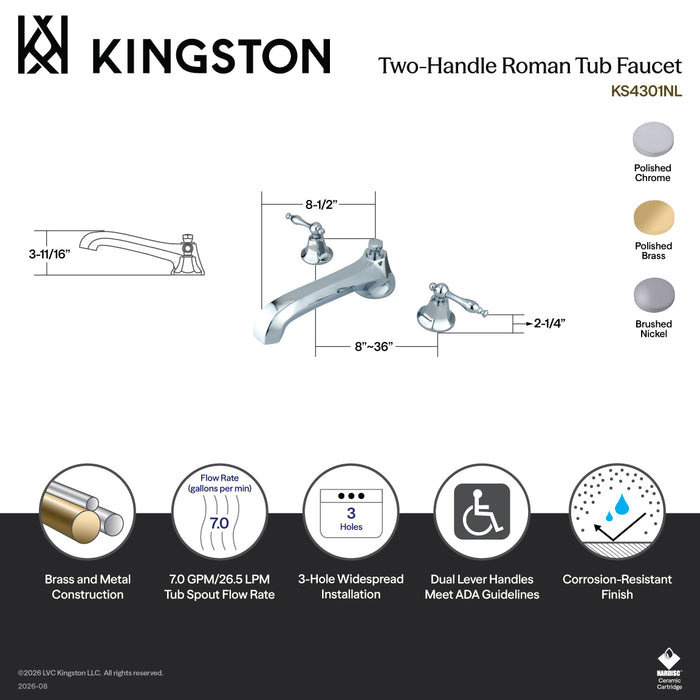Kingston Tulare KS4302NL - Metropolitan Two-Handle 3-Hole Deck Mount Roman Tub Faucet, Polished Brass