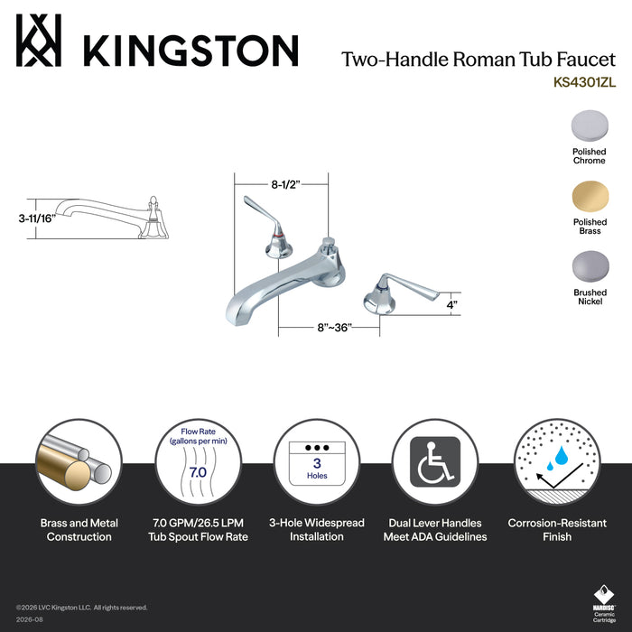Kingston Tulare KS4302ZL - Silver Sage Two-Handle 3-Hole Deck Mount Roman Tub Faucet, Polished Brass