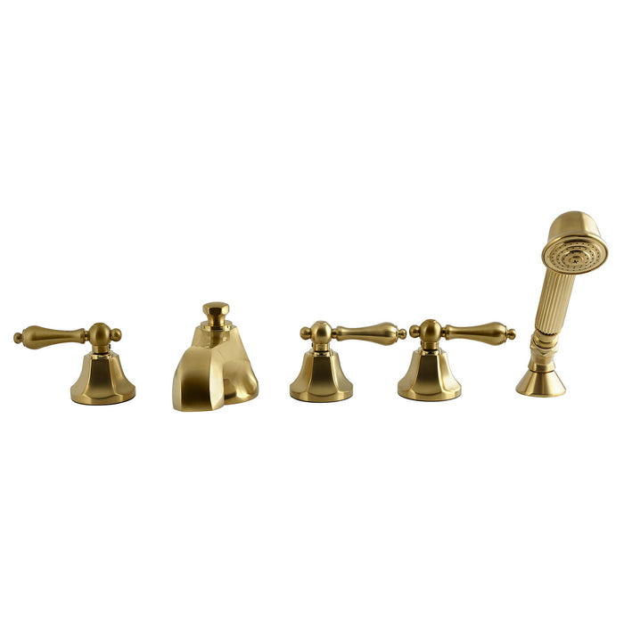 Kingston Tulare KS43075AL - Metropolitan Three-Handle 5-Hole Deck Mount Roman Tub Faucet with Hand Shower, Brushed Brass