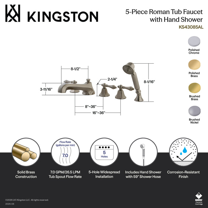 Kingston Tulare KS43075AL - Metropolitan Three-Handle 5-Hole Deck Mount Roman Tub Faucet with Hand Shower, Brushed Brass