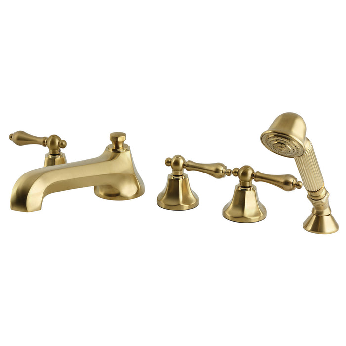 Kingston Tulare KS43075AL - Metropolitan Three-Handle 5-Hole Deck Mount Roman Tub Faucet with Hand Shower, Brushed Brass