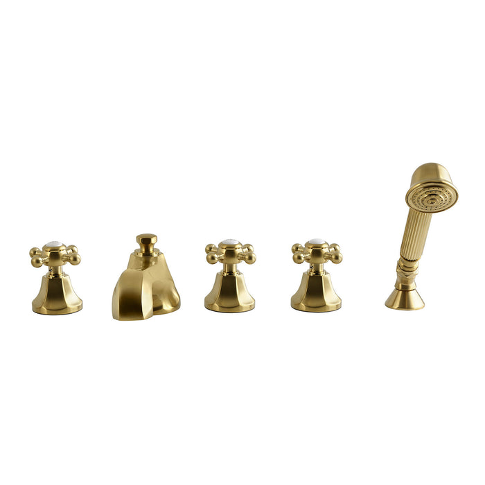 Kingston Tulare KS43075BX - Metropolitan Three-Handle 5-Hole Deck Mount Roman Tub Faucet with Hand Shower, Brushed Brass