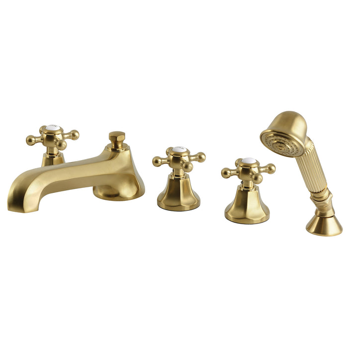 Kingston Tulare KS43075BX - Metropolitan Three-Handle 5-Hole Deck Mount Roman Tub Faucet with Hand Shower, Brushed Brass