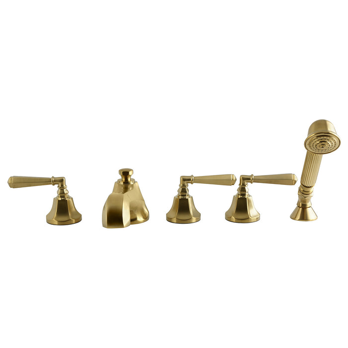 Kingston Tulare KS43075HL - Metropolitan Three-Handle 5-Hole Deck Mount Roman Tub Faucet with Hand Shower, Brushed Brass