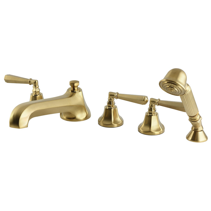 Kingston Tulare KS43075HL - Metropolitan Three-Handle 5-Hole Deck Mount Roman Tub Faucet with Hand Shower, Brushed Brass