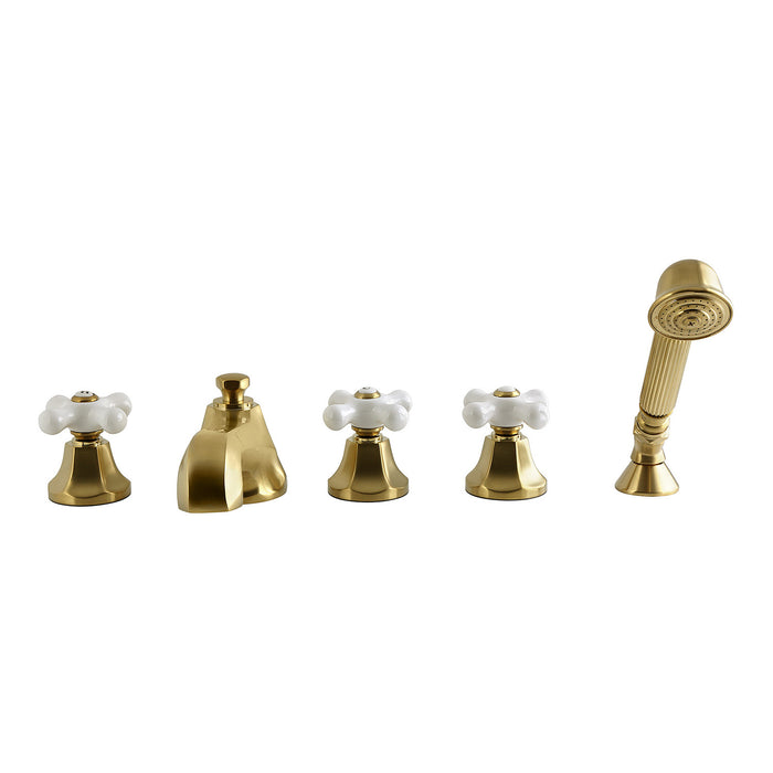 Kingston Tulare KS43075PX - Metropolitan Three-Handle 5-Hole Deck Mount Roman Tub Faucet with Hand Shower, Brushed Brass