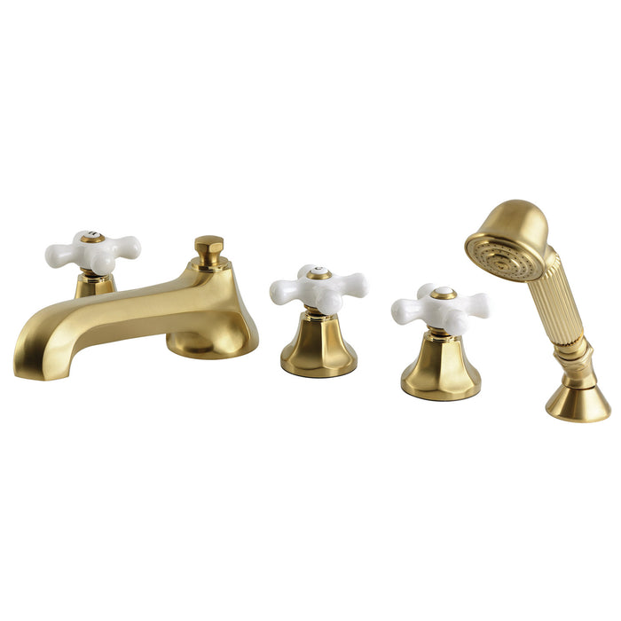 Kingston Tulare KS43075PX - Metropolitan Three-Handle 5-Hole Deck Mount Roman Tub Faucet with Hand Shower, Brushed Brass