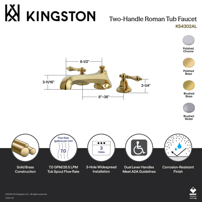 Kingston Tulare KS4307AL - Metropolitan Two-Handle 3-Hole Deck Mount Roman Tub Faucet, Brushed Brass