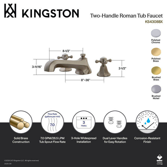 Kingston Tulare KS4308BX - Metropolitan Two-Handle 3-Hole Deck Mount Roman Tub Faucet, Brushed Nickel
