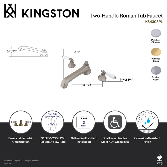 Kingston Tulare KS4308PL - Metropolitan Two-Handle 3-Hole Deck Mount Roman Tub Faucet, Brushed Nickel
