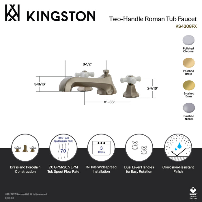 Kingston Tulare KS4308PX - Metropolitan Two-Handle 3-Hole Deck Mount Roman Tub Faucet, Brushed Nickel