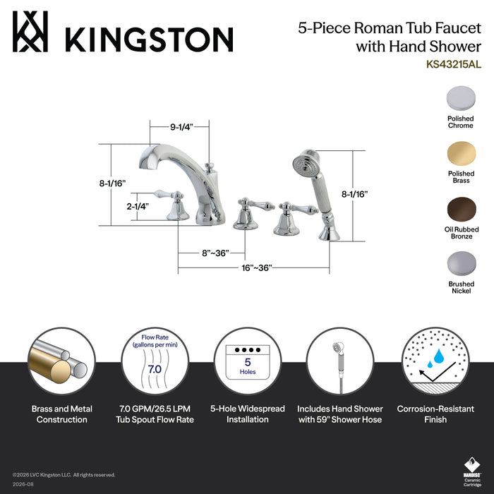Kingston Heirloom KS43215AL - Metropolitan Three-Handle 5-Hole Deck Mount Roman Tub Faucet with Hand Shower, Polished Chrome