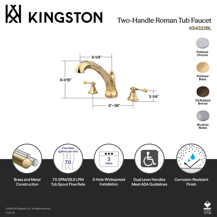 Kingston Tulare KS4321BL - Vintage Two-Handle 3-Hole Deck Mount Roman Tub Faucet, Polished Chrome