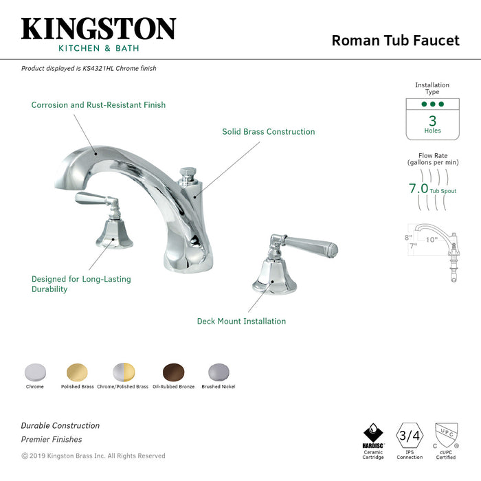 Kingston Tulare KS4321HL - Metropolitan Two-Handle 3-Hole Deck Mount Roman Tub Faucet, Polished Chrome