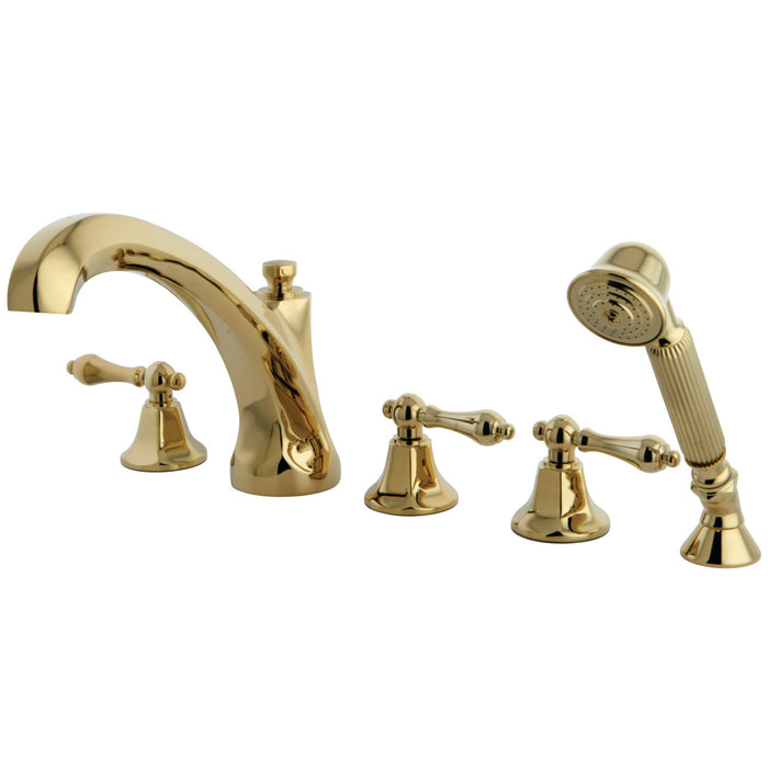 Kingston Heirloom KS43225AL - Metropolitan Three-Handle 5-Hole Deck Mount Roman Tub Faucet with Hand Shower, Polished Brass